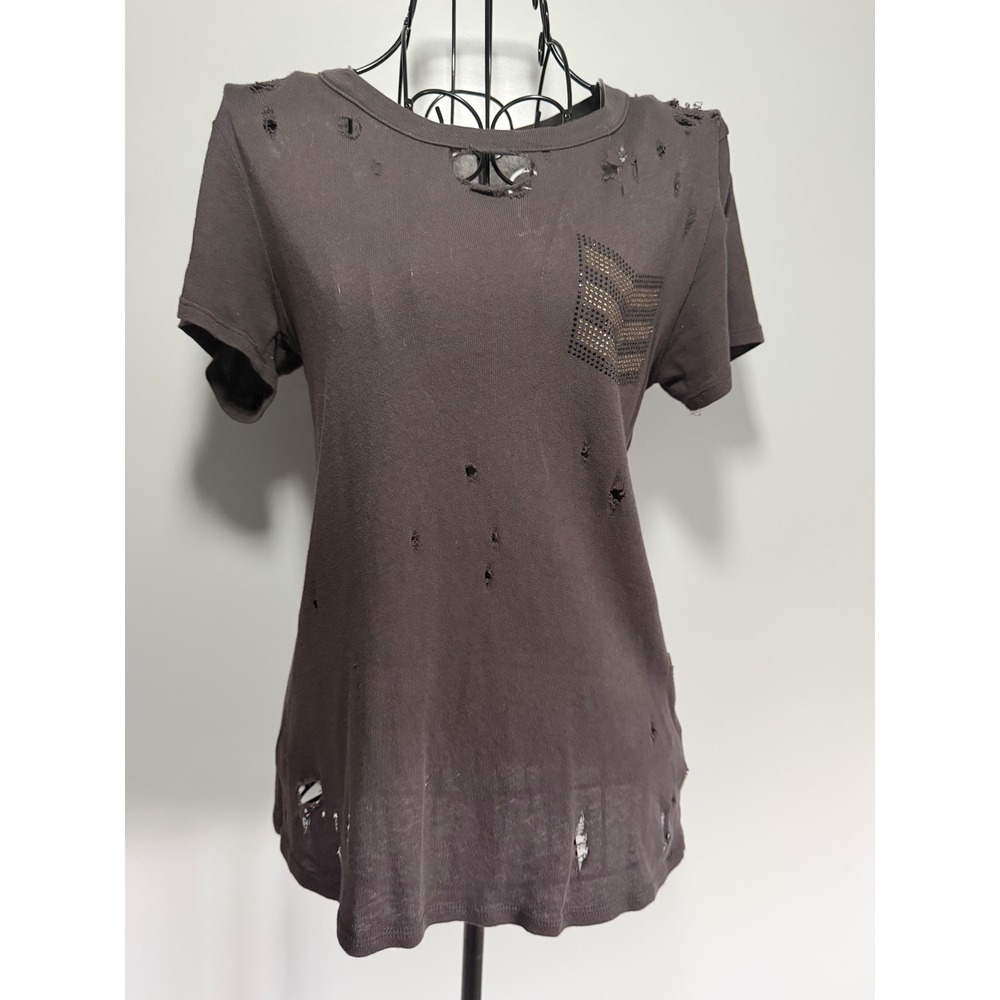 Chaser Womens Distressed Studded Chevron T-Shirt Gray‎ Cotton XS